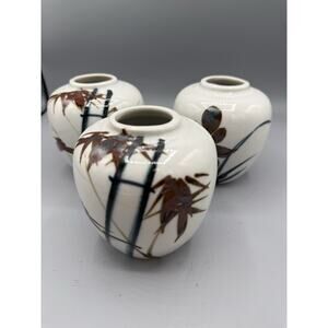 Vintage Japan Mini Bud Vases Set of 3 Hand Painted Bamboo Floral Ceramic